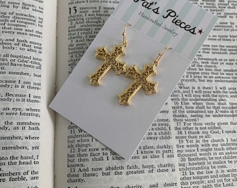 Gold plated brass filigree cross earrings, religious jewelry, Christian gift, wedding & bridesmaids, dressy cross earrings' beautiful gift