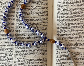 Protestant Prayer beads, Anglican, Christian, Methodist, Lutheran, Episcopal Prayer Beads, Holy Land olive wood , blue white porcelain, gift