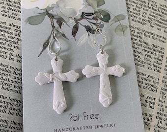 White on white, White cross dangle earrings with white embossed vines, religious jewelry, Christian gift Easter Earrings