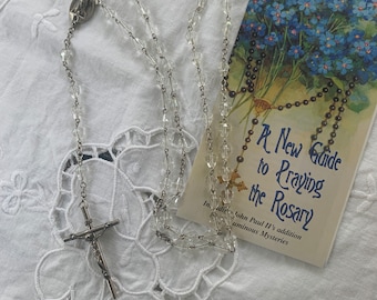 Rosary Vintage Clear Crystal bead Rosary, mary medal with sacred heart, 5 decade