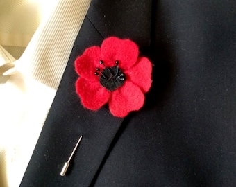 Felted Poppy pin Men&#39;s Poppy Boyfriend Gift Groomsman lapel pin Poppy Men&#39;s lapel Poppy Suit brooch Poppy Boutonnière Wedding pin Poppy