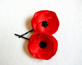 Poppy hair pins Red flower hair pins Bridal poppy hair clips Poppy wedding hair clips Poppy Bridesmaids pins Poppy Flower girl pins