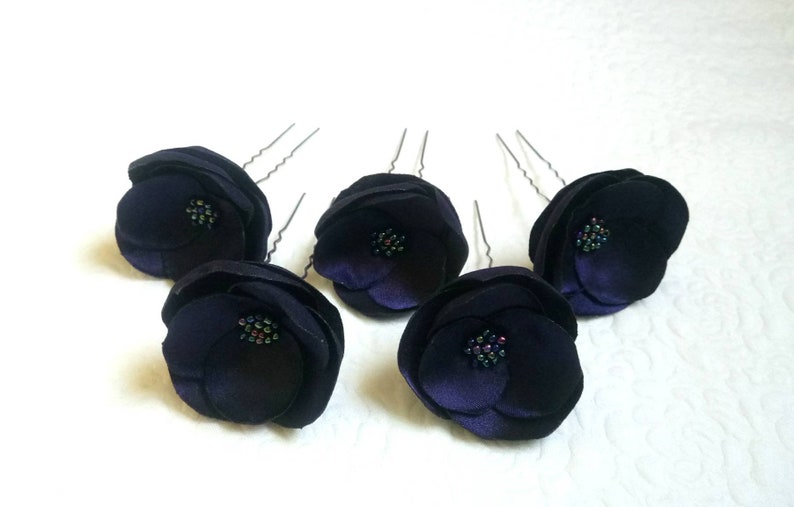 Tiny navy blue hair pins Bridal hair flowers Navy blue pins wedding flowers Bridesmaids navy blue Barrettes Flower Girl navy blue hair clip image 5