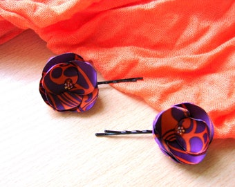 Purple orange hair pins flower Orange purple barrettes Girls hair clips Purple Barrettes hair flower accessory Orange Purple hair grips