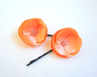 Orange hair flowers Bridal orange hair pins Bridesmaid orange Wedding flower pins Barrette Girls orange hair accessory Flower girl hair clip