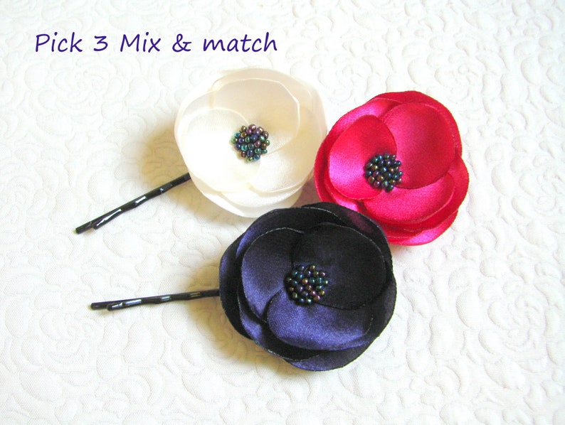 Bridal flowers Ivory Fuchsia Violet hair flower Fuchsia hair clip Violet Bridal flower Ivory Bridesmaid pins silk flower barrette Eggplant