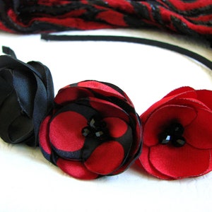 Party Headband woman Red Black hair flowers Holiday headband silk Flower dots headband Adult Girl Props headband Black red fascinator flower