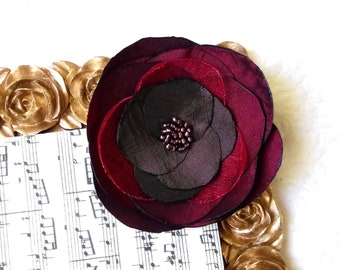Wine Red and Green flower Brooch Wine Red pin Fall Gift for mom Fall Taffeta flower Bridesmaids pin Fall Mother of bride pin Mother of groom
