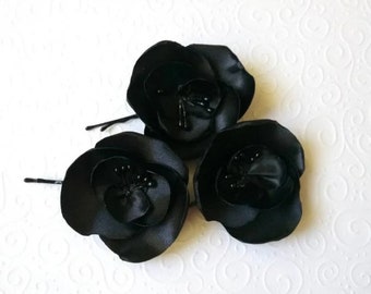 Black Orchid hair pins Black flowers hair pins Black hair piece BLack wedding hair pin Bridesmaids black flower hair clips Gothic flower pin