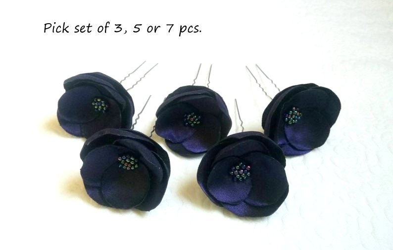 Tiny navy blue hair pins Bridal hair flowers Navy blue pins wedding flowers Bridesmaids navy blue Barrettes Flower Girl navy blue hair clip image 1