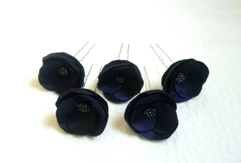 Tiny navy blue hair pins Bridal hair flowers Navy blue pins wedding flowers Bridesmaids navy blue Barrettes Flower Girl navy blue hair clip image 3