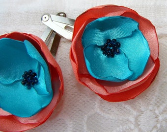 Turquoise coral hair flowers Girl turquoise coral hair clips Flower barrettes Coral and Turquoise hair grips Coral blue flower girl barrette