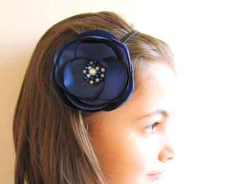 Navy blue headband Blue flower headband Girls Navy wedding hairpiece Navy Flower girls headband Bridesmaids Navy Blue flower Headband adult