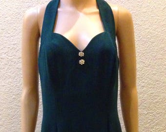 Forest Green Crepe Rhinestone Evening Gown Open Strap Back Halter Glam Maxi Vintage Dress