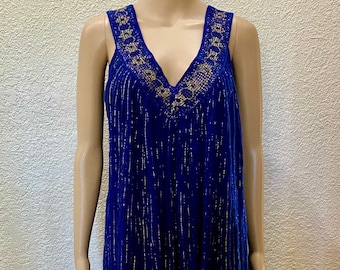 70's Gold Metallic Sparkle Cobalt Indigo Blue Sheer Cotton Gauze Crochet Lace BOHO Festival Hippie Vintage Indian Sundress One Size