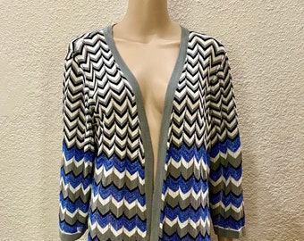 Carole Little Cotton Metallic Blue & Gray Chevron Zig Zag Stripes Crochet Mesh Knit Open Front Cardigan Sweater Duster 2X