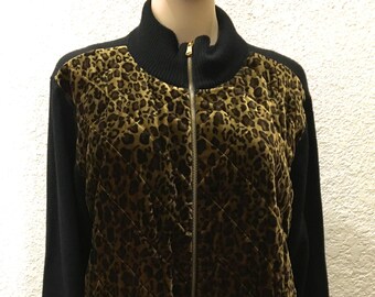 Ralph Lauren Quilted Velvet Leopard & Black Wool Front Zip Sweater Coat Jacket 2X