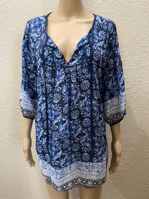 Indian Blue Floral Printed 100% Sheer Silk Gauze B