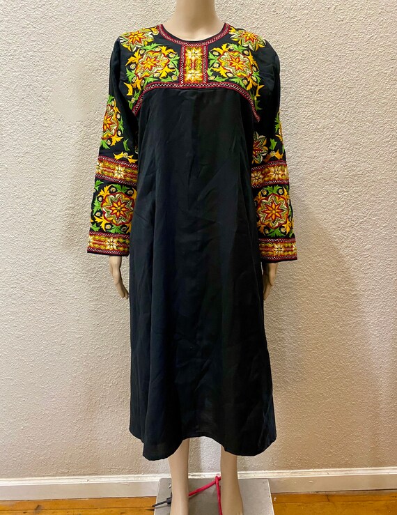 OOAK 60s Multicolor Hand Embroidered Black Silk G… - image 4