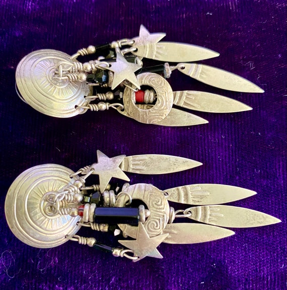 BOHO Signed TABRA Sterling Silver Tribal Shield Feather~Star~Moon Dangles Black Onyx & African Trade Bead Southwestern Chandelier Earrings View 6