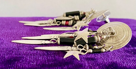 BOHO Signed TABRA Sterling Silver Tribal Shield Feather~Star~Moon Dangles Black Onyx & African Trade Bead Southwestern Chandelier Earrings View 2