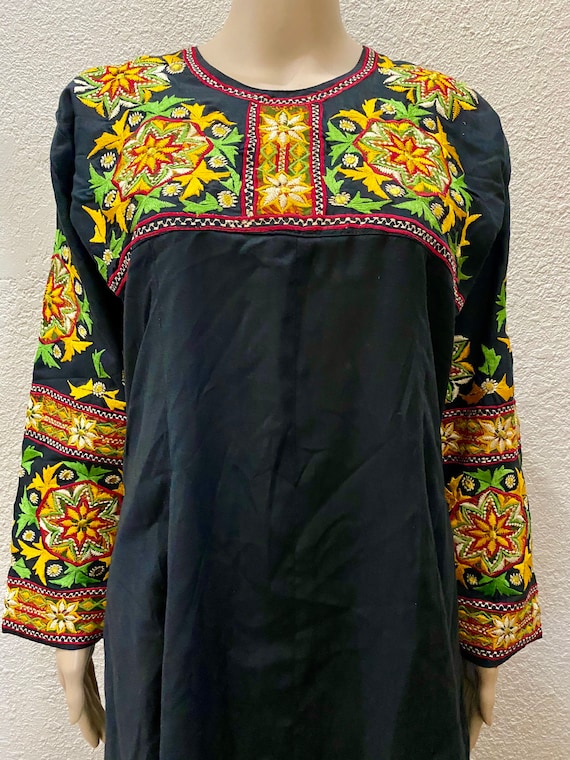 OOAK 60s Multicolor Hand Embroidered Black Silk G… - image 1