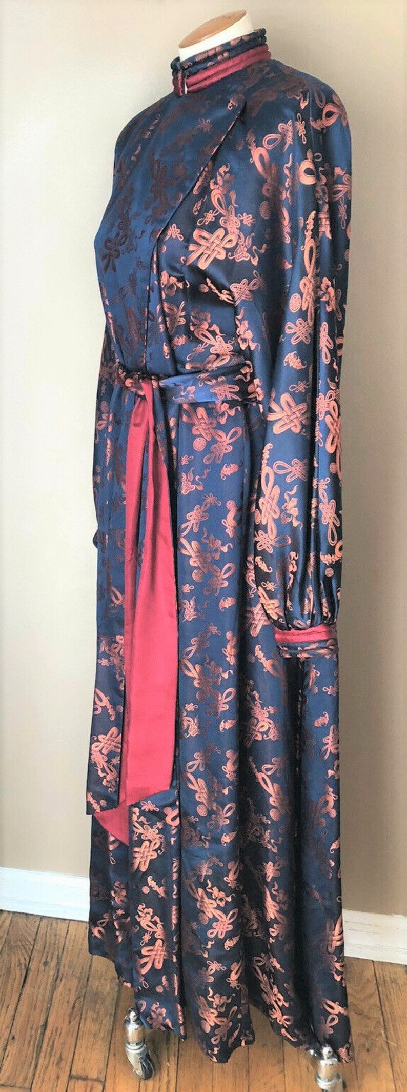 60's Dynasty Hong Kong Navy Bluecopper Bronzered Brocade Silk Jacquard Mandarin Empress