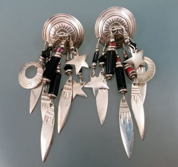 BOHO Signed TABRA Sterling Silver Tribal Shield Feather~Star~Moon Dangles Black Onyx & African Trade Bead Southwestern Chandelier Earrings