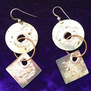 Artisan Studio Sterling Silver & Copper HANDMADE Brutalist Modernist Boho Geometric Sci Fi Dangle Earrings
