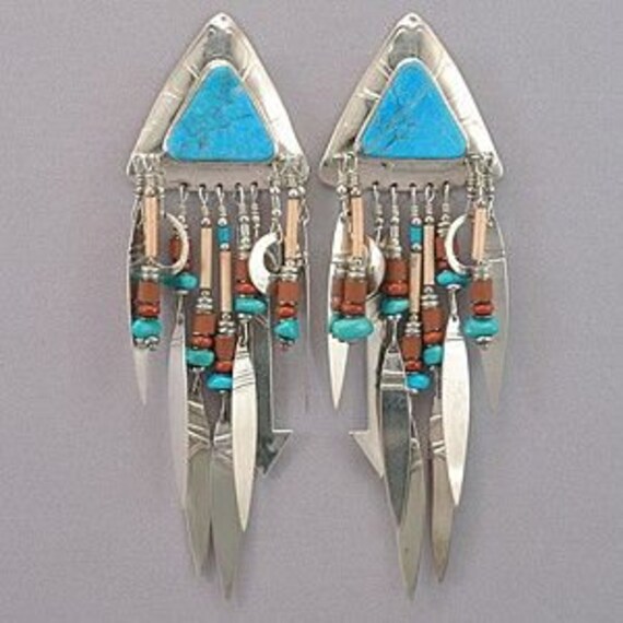 Signed Tabra Boho Tribal Blue Turquoise Sterling Silver Arrow~Feather~Crescent Moon Dangle Southwestern Dreamcatcher Chandelier Earrings