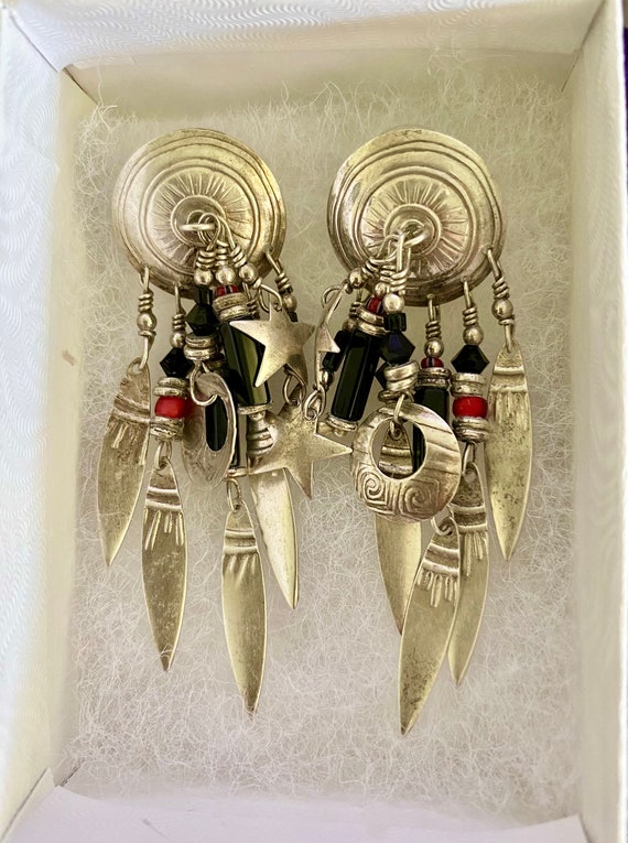 BOHO Signed TABRA Sterling Silver Tribal Shield Feather~Star~Moon Dangles Black Onyx & African Trade Bead Southwestern Chandelier Earrings View 5