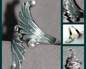 Signed Sterling Silver Angel Wing Feather Biker Vintage Wrap Around Adjustable Bypass Crossover Ring