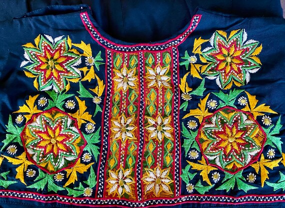 OOAK 60s Multicolor Hand Embroidered Black Silk G… - image 9