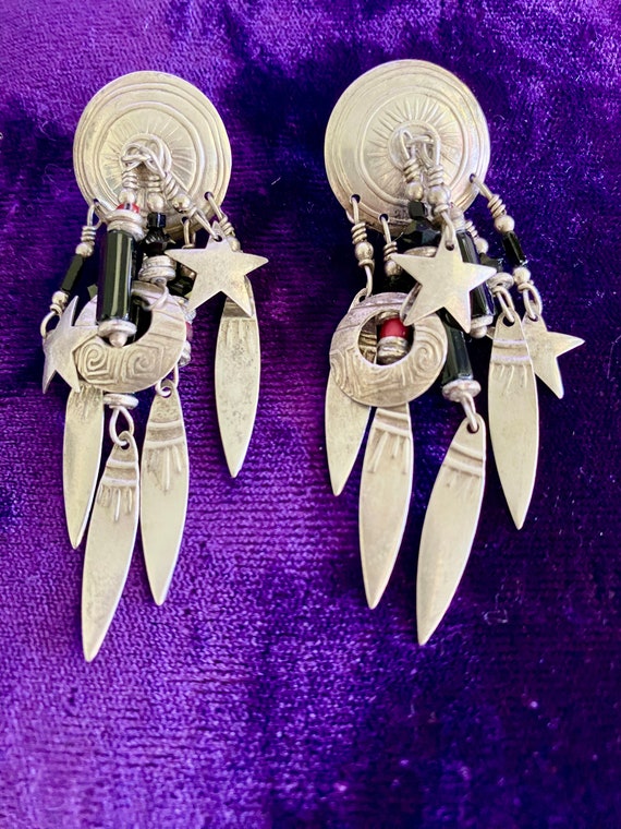 BOHO Signed TABRA Sterling Silver Tribal Shield Feather~Star~Moon Dangles Black Onyx & African Trade Bead Southwestern Chandelier Earrings View 3