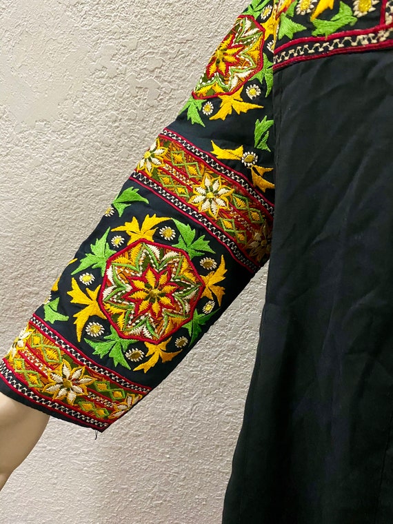 OOAK 60s Multicolor Hand Embroidered Black Silk G… - image 5