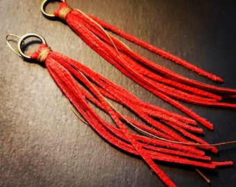 Red Leather Earrings , Boho Jewelry , Drop Earrings , Long Earrings , Long Leather Earrings , Tassel Earrings