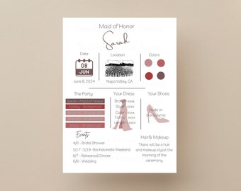 Bridesmaid Information Card Template | Bridal Party Information Template | Bridal Party Info Card | Editable Bridesmaid Information Card