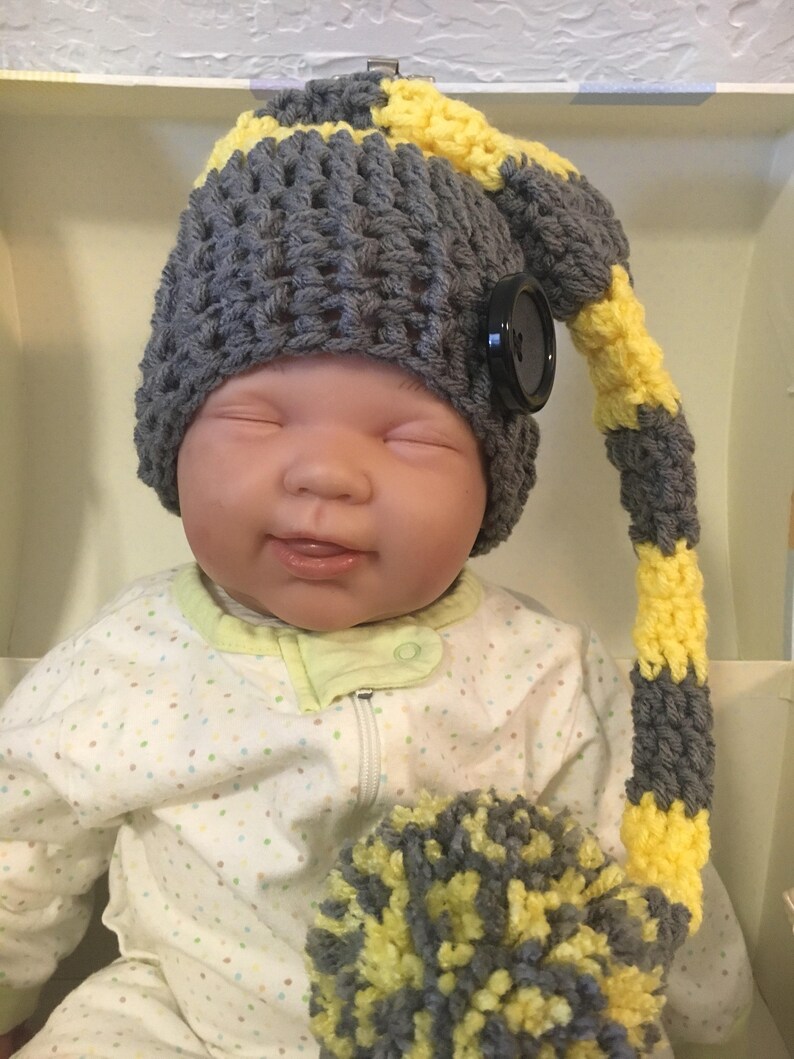 Handmade Crochet Baby Girl Hat Newborn 0-3 Months Yellow White Grey