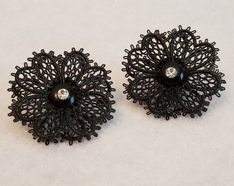 Vintage Signed Made in Western Germany Black Plastic Clip On Earrings Embellished with Clear Rhinestones