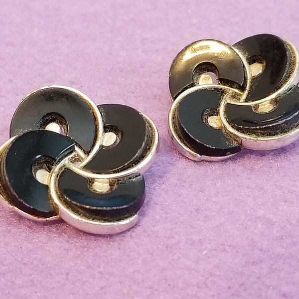 Vintage Lisner Black Lucite / Plastic / Thermostat and Textured and Polished Silvertone Disk Clip On Earrings