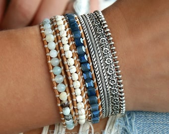 Triple Beaded Wrap Bracelet, Triple Wrap Bracelet, Blue Beaded, Sparkly Blue Wrap Bracelet, Crystal Wrap Bracelet, Shiny Beaded Bracelet