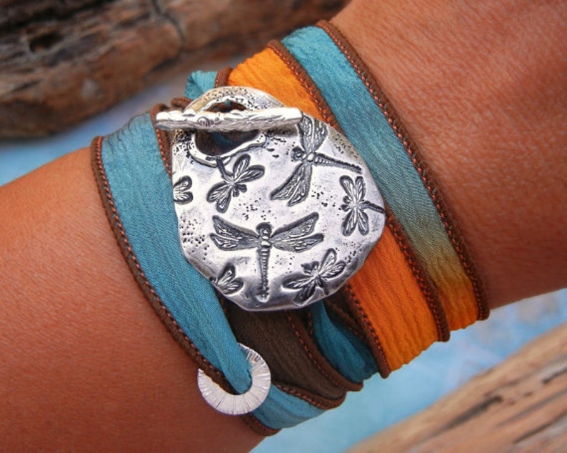 Artisan handmade sterling silver bracelets with silk by HappyGoLicky Jewelry
