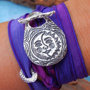 Sun and Moon Jewelry Gift, Sun and Moon Bracelet Gift, Cool Gift Sun and Moon Silk Wrap Bracelet, Sun Jewelry, Cool Silver Wrap Bracelet