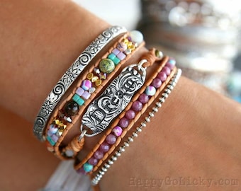 Pulsera de cuentas, joyería bohemia, pulsera DREAM, pulsera de cuentas bohemia, pulsera de cuero, pulsera de cuentas bohemia de plata de ley