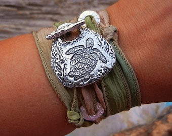 Gioielli da spiaggia, Bracciale da spiaggia, Bracciale avvolgente in seta da spiaggia, Bracciale avvolgente in argento da spiaggia, Gioielli da spiaggia, Bracciale avvolgente da spiaggia Regalo di gioielli da spiaggia