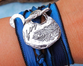 Peacock "fly" Silk Wrap Bracelet, Inspirational Jewelry, Inspirational Bracelet, Wrap Bracelet