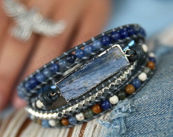 Blue Leather Wrap Bracelet, Kyanite Bracelet Boho Jewelry, Boho Jewelry, Bohemian Wrap Bracelet, 5X Leather Wrap Bracelet, Bohemian Bracelet