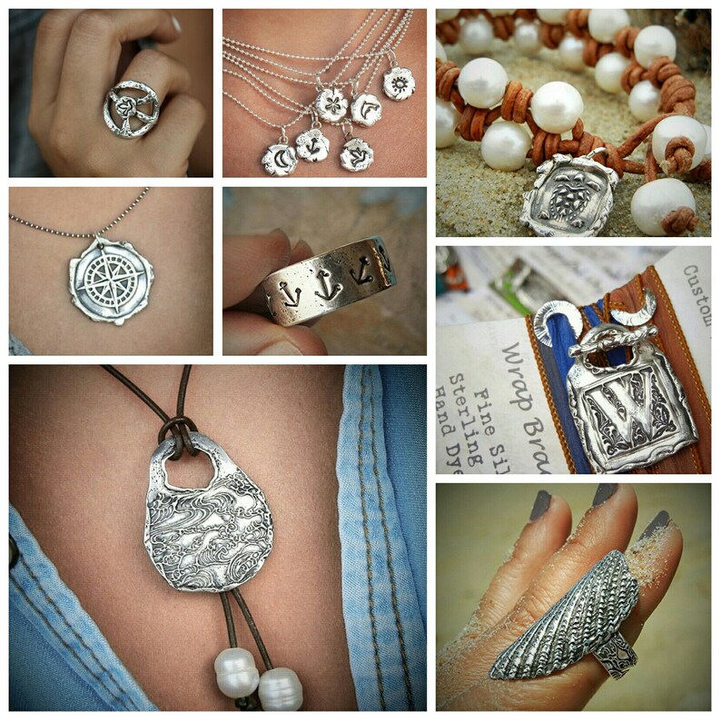 May include: A collection of handmade sterling silver jewelry featuring nautical themes. The jewelry includes necklaces, rings, and bracelets with charms of anchors, compasses, waves, and seashells.