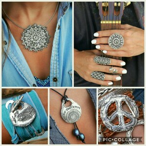 May include: A collage of silver jewelry featuring a necklace with a mandala pendant, a bracelet with a silver charm, a ring with a peace sign design, and a pendant with the text "Follow Your Heart".