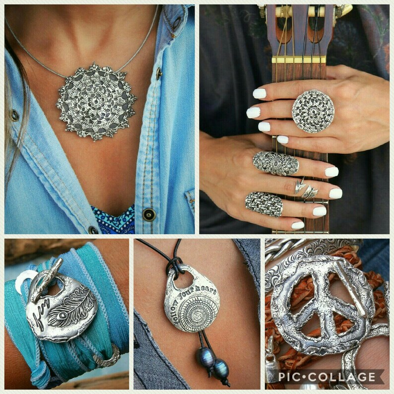 May include: A collage of silver jewelry featuring a necklace with a mandala pendant, a bracelet with a silver charm, a ring with a peace sign design, and a pendant with the text "Follow Your Heart".